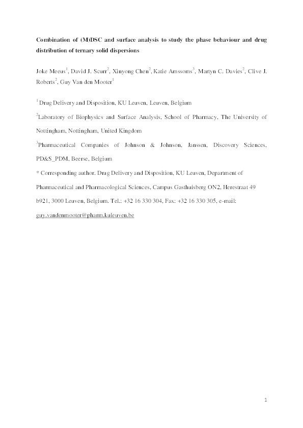 Combination of (M)DSC and Surface Analysis to Study the Phase Behaviour and Drug Distribution of Ternary Solid Dispersions Thumbnail
