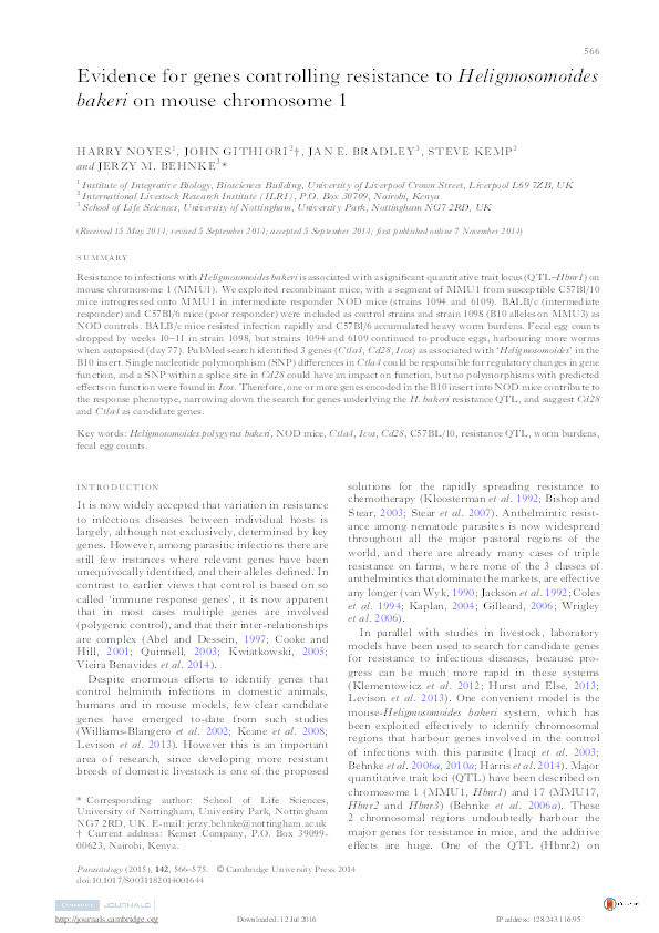 Evidence for genes controlling resistance to Heligmosomoides bakeri on mouse chromosome 1 Thumbnail