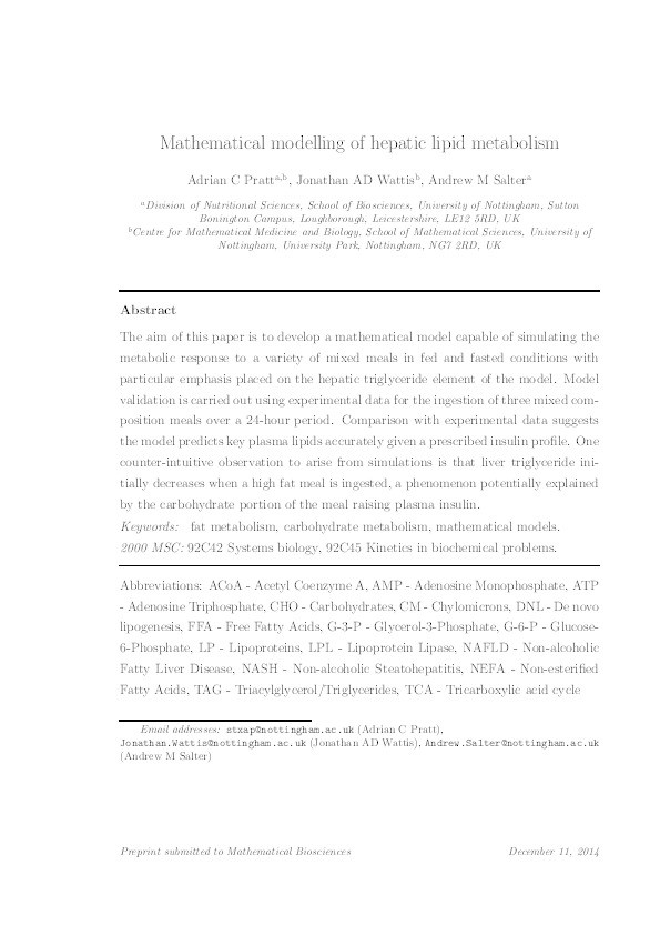 Mathematical modelling of hepatic lipid metabolism Thumbnail