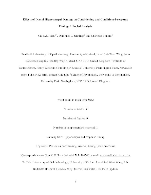 Effects of dorsal hippocampal damage on conditioning and conditioned-response timing: a pooled analysis Thumbnail