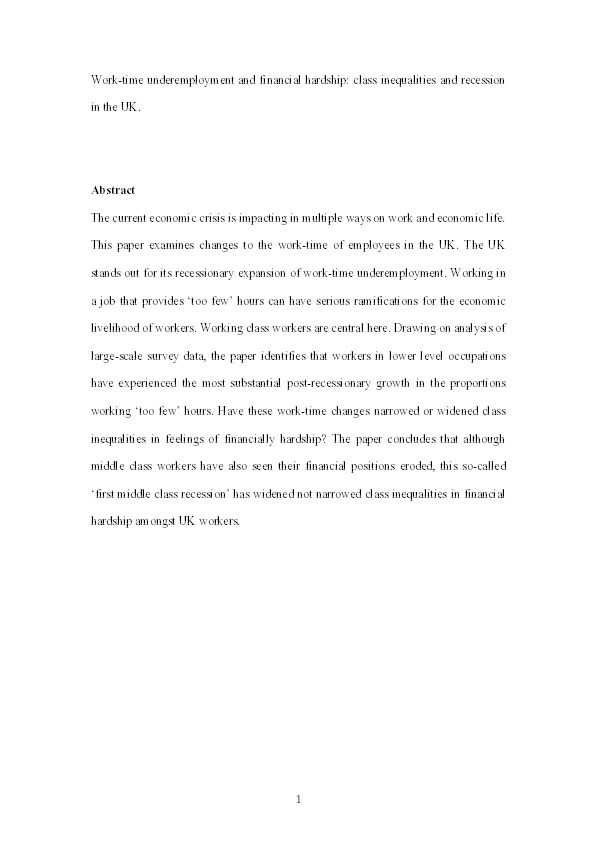 Work-time underemployment and financial hardship: class inequalities and recession in the UK Thumbnail