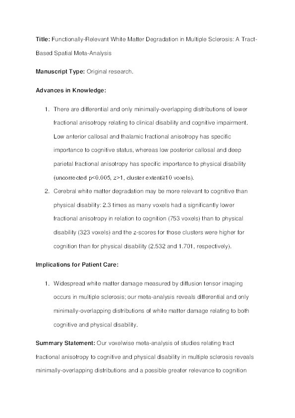 Functionally Relevant White Matter Degradation in Multiple Sclerosis: A Tract-based Spatial Meta-Analysis Thumbnail