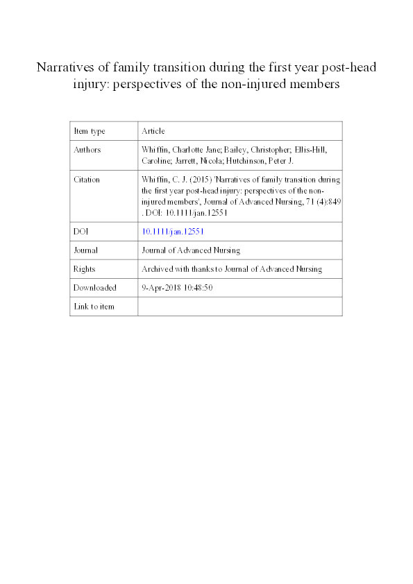 Narratives of family transition during the first year post-head injury: perspectives of the non-injured members Thumbnail