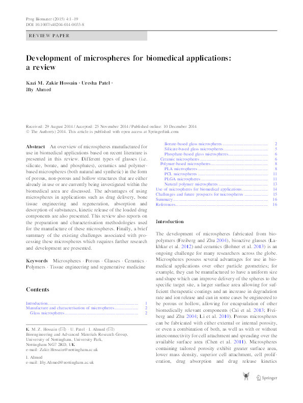 Development of microspheres for biomedical applications: a review Thumbnail