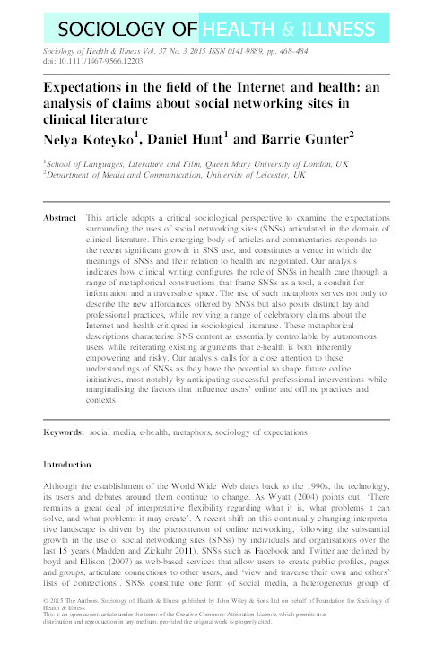 Expectations in the field of the Internet and health: an analysis of claims about social networking sites in clinical literature Thumbnail