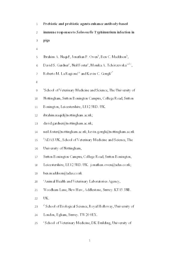 Prebiotic and probiotic agents enhance antibody-based immune responses to Salmonella Typhimurium infection in pigs Thumbnail