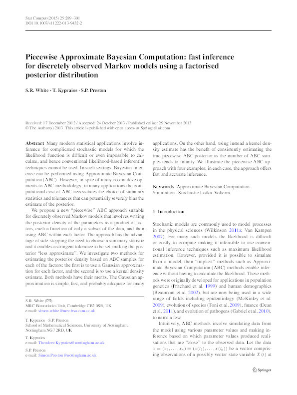 Piecewise Approximate Bayesian Computation: fast inference for discretely observed Markov models using a factorised posterior distribution Thumbnail