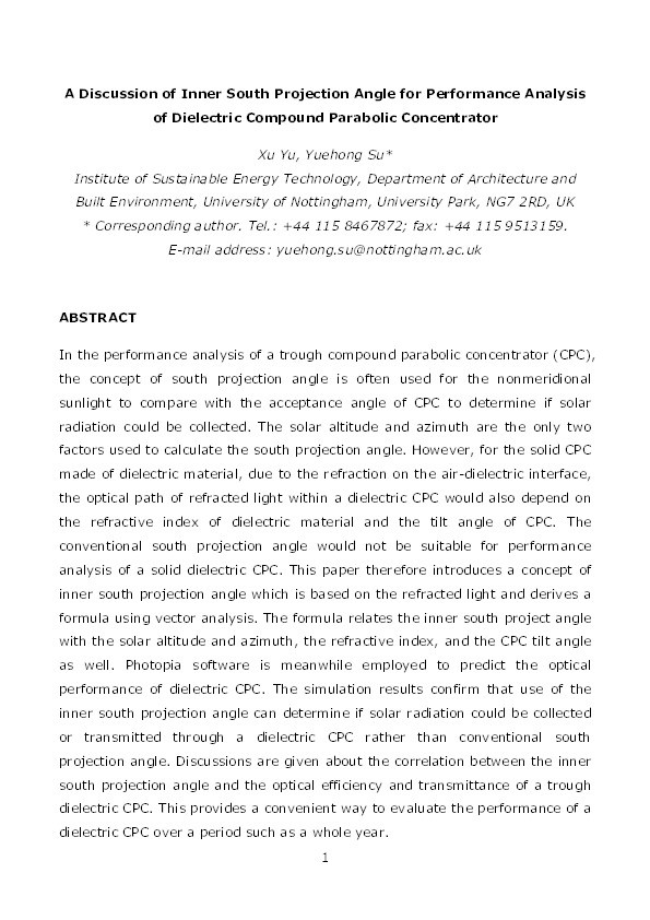 A discussion of inner south projection angle for performance analysis of dielectric compound parabolic concentrator Thumbnail