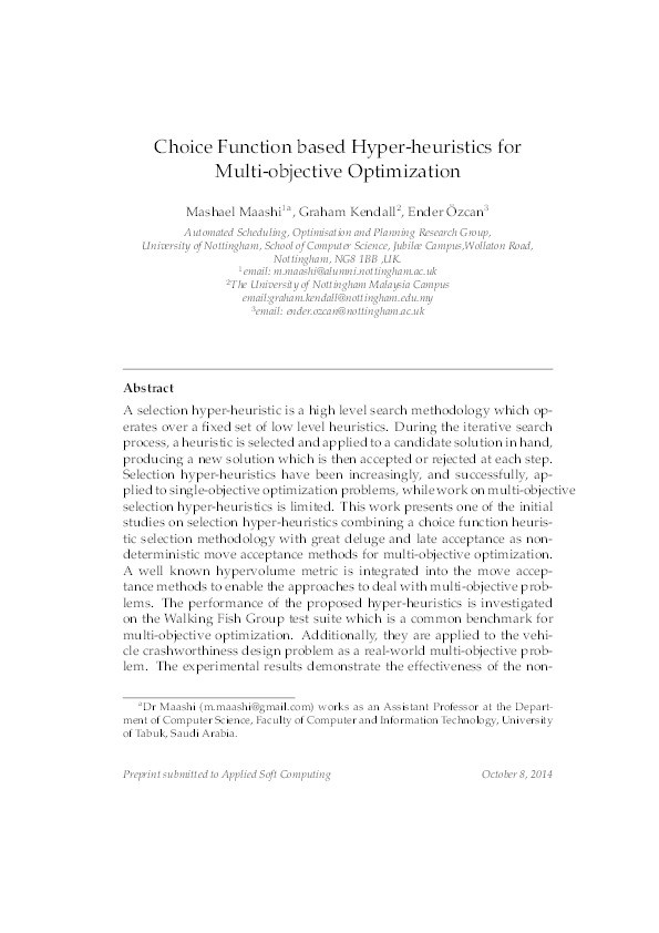 Choice function based hyper-heuristics for multi-objective optimization Thumbnail