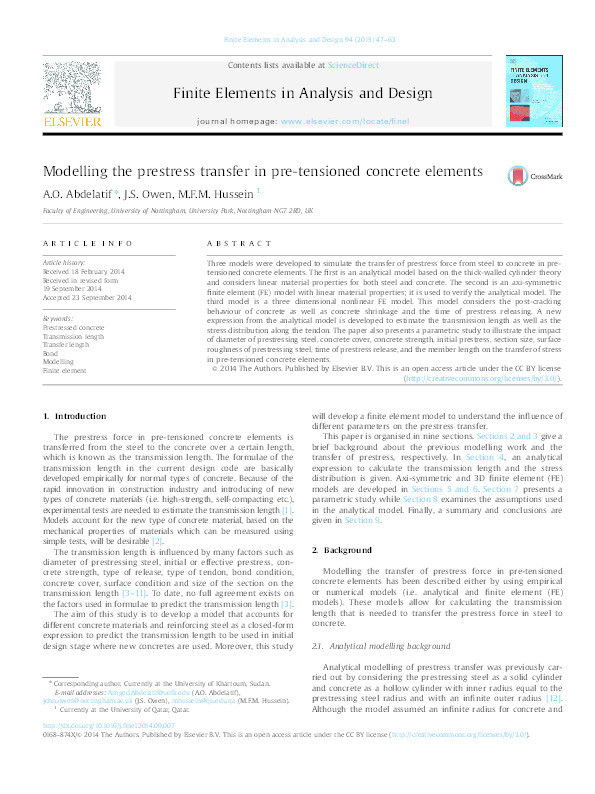 Modelling the prestress transfer in pre-tensioned concrete elements Thumbnail