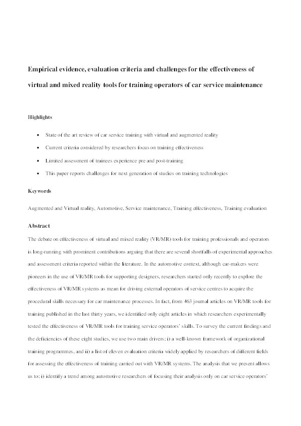 Empirical evidence, evaluation criteria and challenges for the effectiveness of virtual and mixed reality tools for training operators of car service maintenance Thumbnail