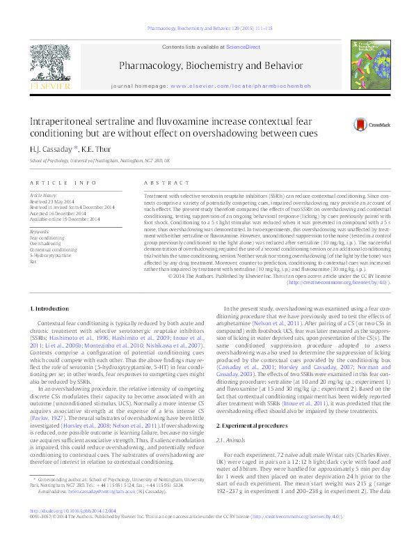 Intraperitoneal sertraline and fluvoxamine increase contextual fear conditioning but are without effect on overshadowing between cues Thumbnail