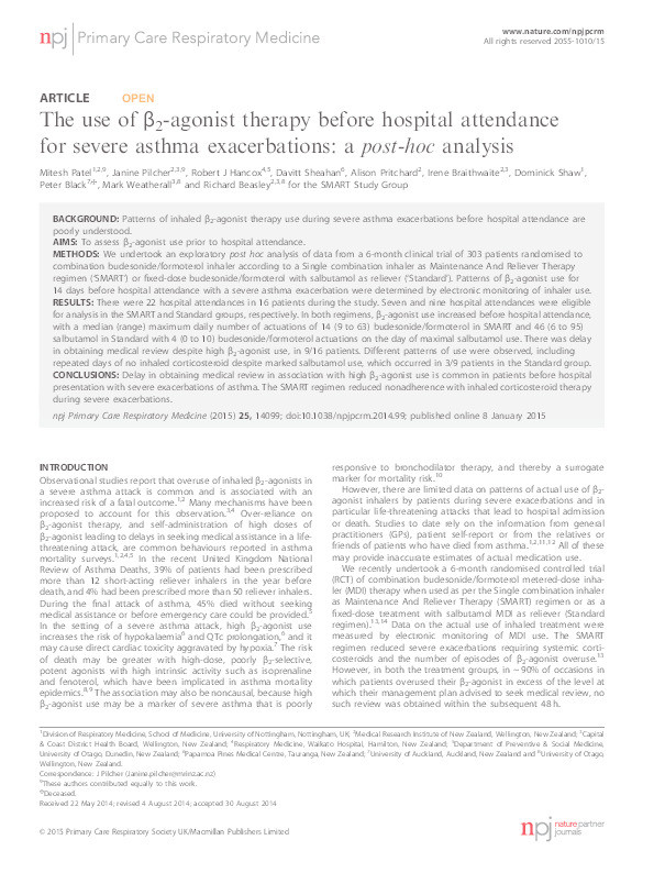 The use of ?2-agonist therapy before hospital attendance for severe asthma exacerbations: a post-hoc analysis Thumbnail