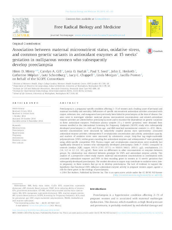 Association between maternal micronutrient status, oxidative stress and common genetic variants in antioxidant enzymes at 15 weeks’ gestation in nulliparous women who subsequently develop pre-eclampsia Thumbnail