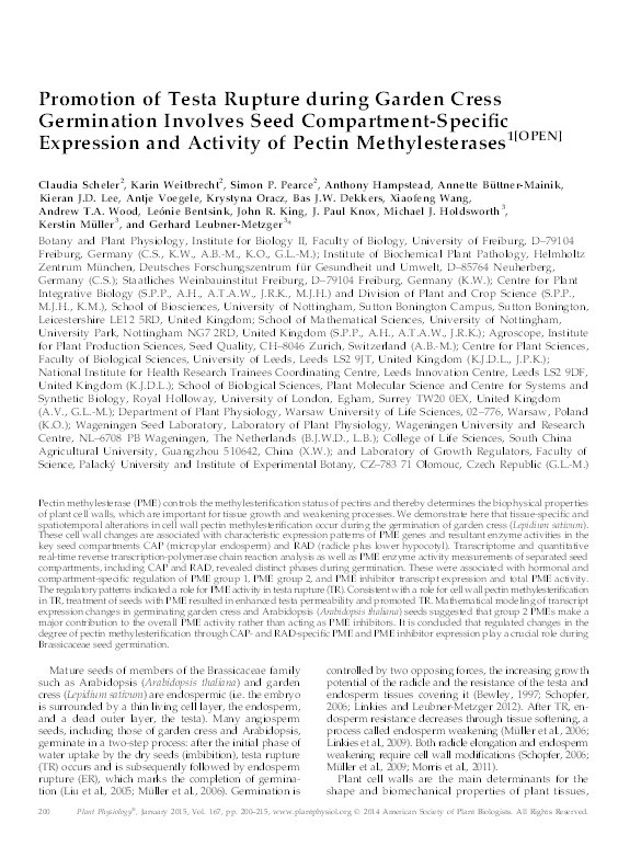 Promotion of testa rupture during garden cress germination involves seed compartment-specific expression and activity of pectin methylesterases Thumbnail