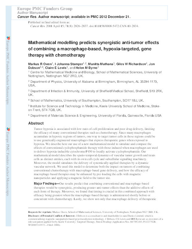 Mathematical Modeling Predicts Synergistic Antitumor Effects of Combining a Macrophage-Based, Hypoxia-Targeted Gene Therapy with Chemotherapy Thumbnail