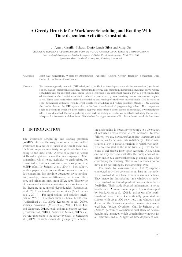 A greedy heuristic for workforce scheduling and routing with time-dependent activities constraints Thumbnail