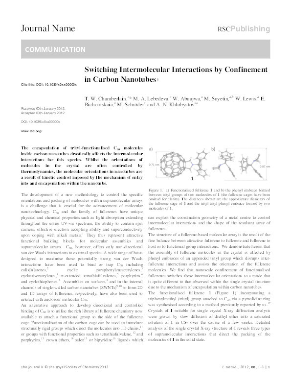 Switching intermolecular interactions by confinement in carbon nanotubes Thumbnail