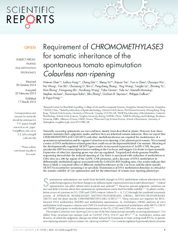 Requirement of CHROMOMETHYLASE3 for somatic inheritance of the spontaneous tomato epimutation Colourless non-ripening Thumbnail