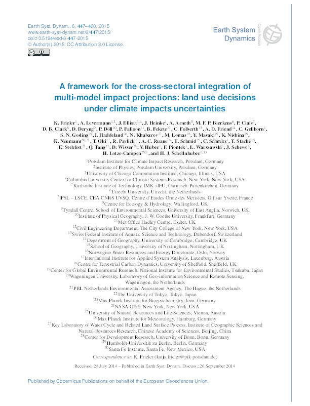 A framework for the cross-sectoral integration of multi-model impact projections: land use decisions under climate impacts uncertainties Thumbnail