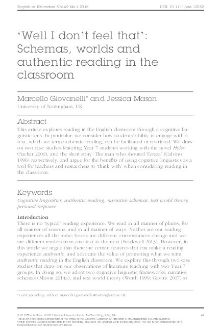 ‘Well I don’t feel that’: schemas, worlds and authentic reading in the classroom Thumbnail