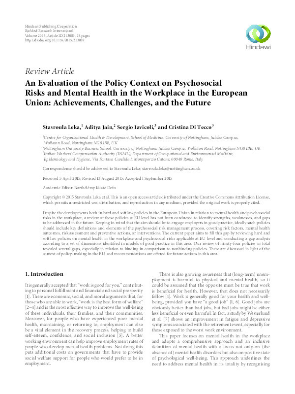 An evaluation of the policy context on psychosocial risks and mental health in the workplace in the European Union: achievements, challenges, and the future Thumbnail