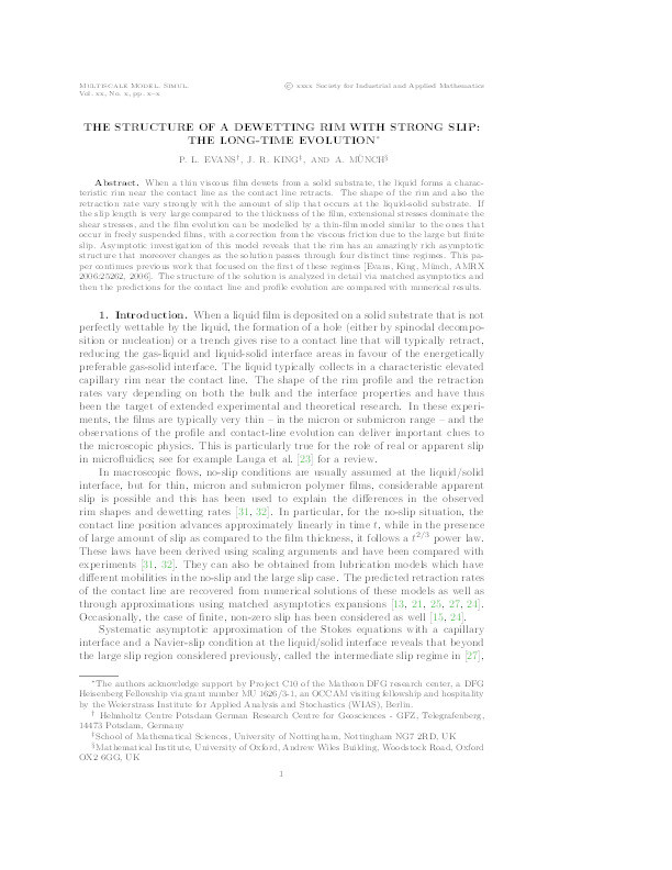 The structure of a dewetting rim with strong slip: the long-time evolution Thumbnail