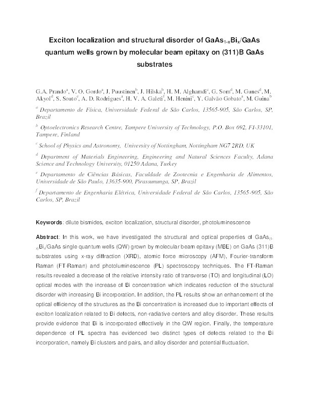 Exciton localization and structural disorder of GaAs1−xBix/GaAs quantum wells grown by molecular beam epitaxy on (311)B GaAs substrates Thumbnail