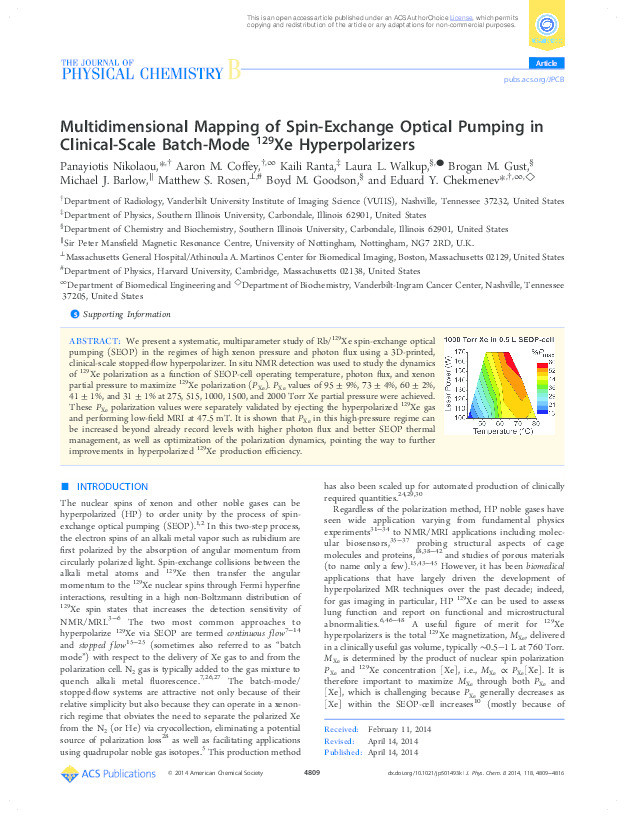 Multidimensional Mapping of Spin-Exchange Optical Pumping in Clinical-Scale Batch-Mode 129Xe Hyperpolarizers Thumbnail