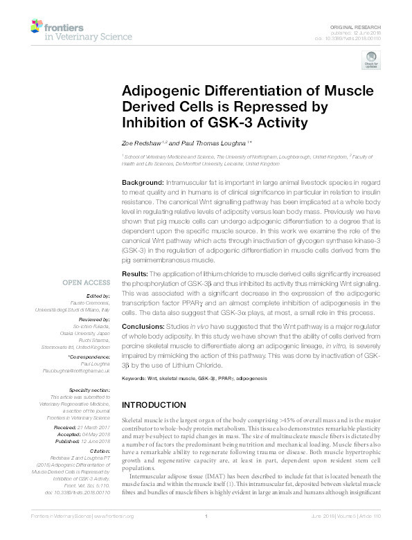 Adipogenic differentiation of muscle derived cells is repressed by inhibition of GSK-3 activity Thumbnail