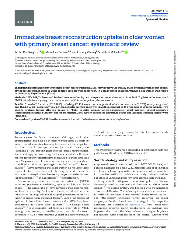 Immediate breast reconstruction uptake in older women with primary breast cancer: systematic review Thumbnail