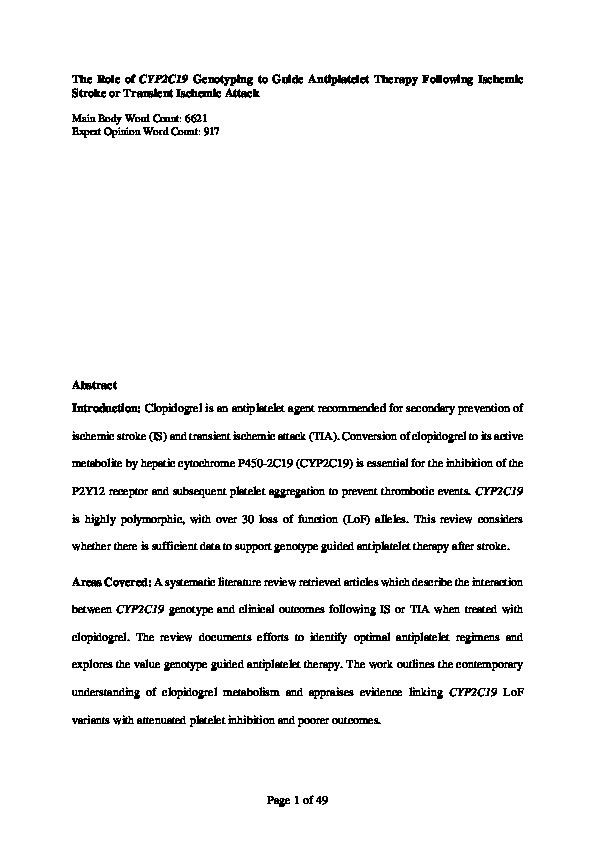 The role of CYP2C19 genotyping to guide antiplatelet therapy following ischemic stroke or transient ischemic attack Thumbnail