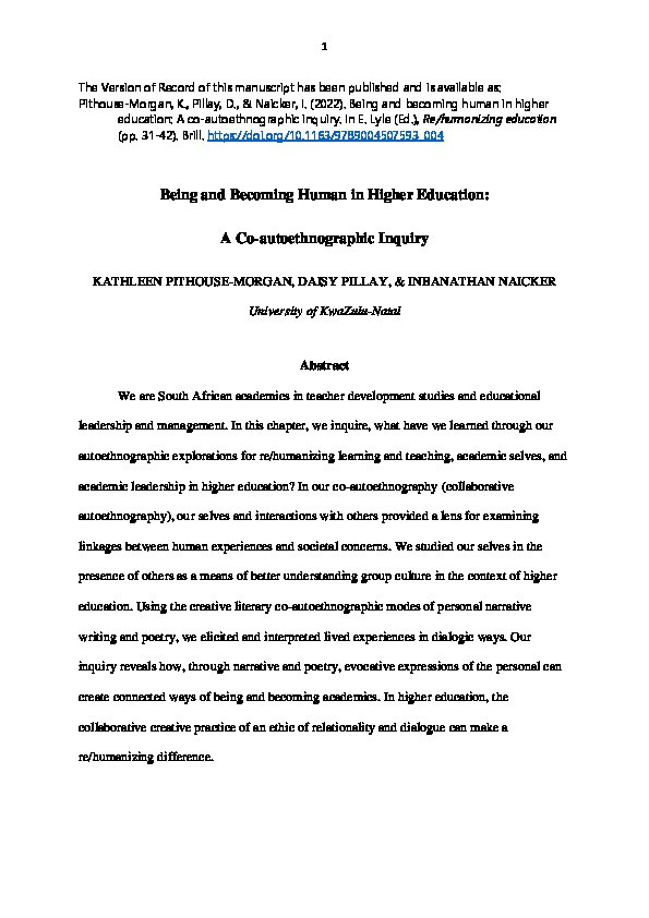 Being and becoming human in higher education: A co-autoethnographic inquiry Thumbnail