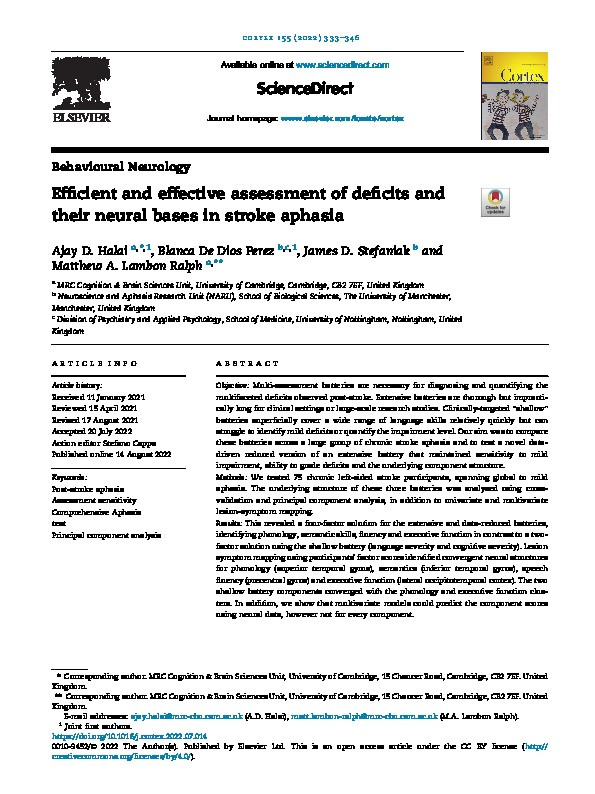 Efficient and effective assessment of deficits and their neural bases in stroke aphasia Thumbnail