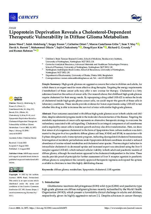 Lipoprotein Deprivation Reveals a Cholesterol-Dependent Therapeutic Vulnerability in Diffuse Glioma Metabolism Thumbnail