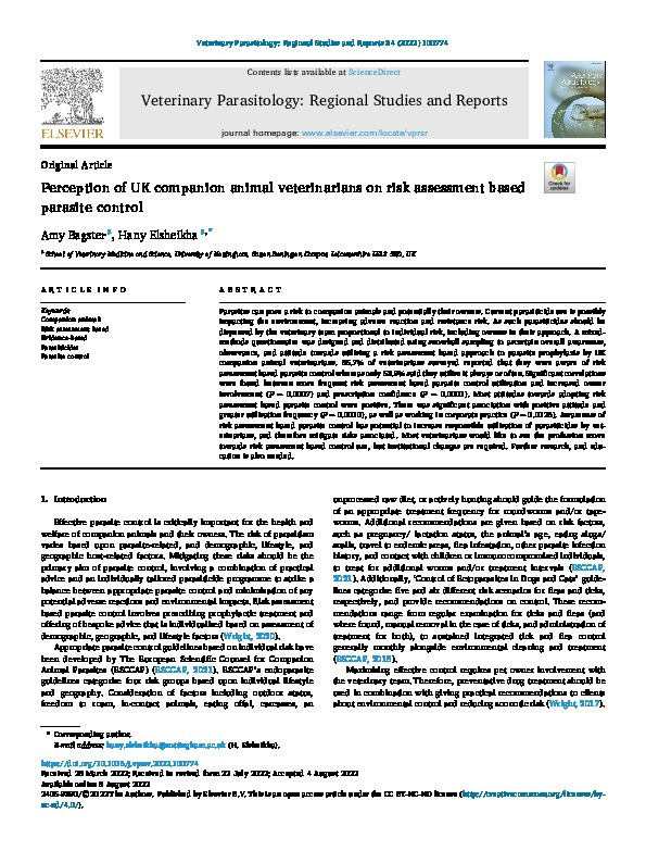 Perception of UK companion animal veterinarians on risk assessment based parasite control Thumbnail