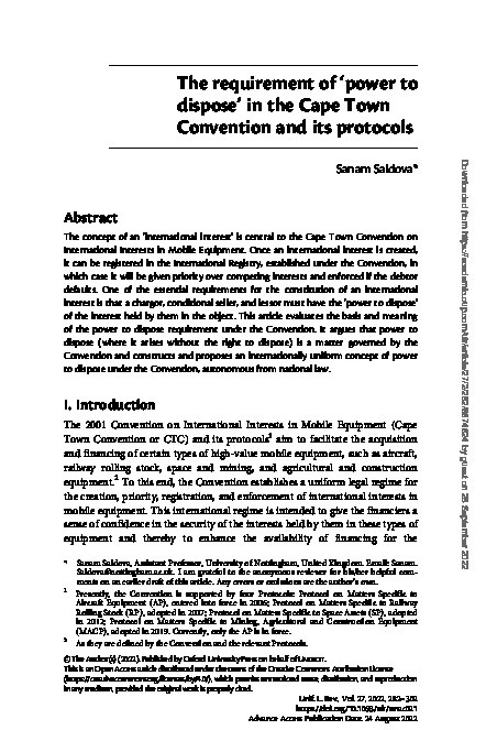 The requirement of 'power to dispose' in the Cape Town Convention and its protocols Thumbnail