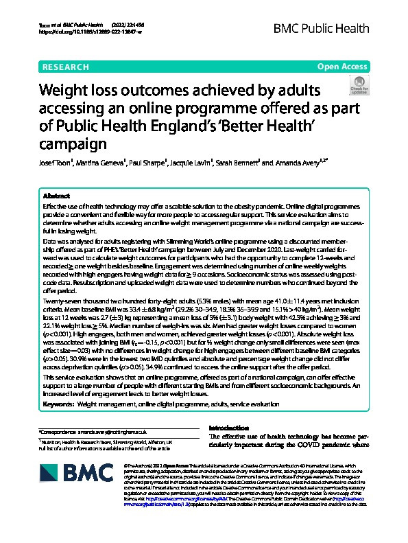 Weight loss outcomes achieved by adults accessing an online programme offered as part of Public Health England’s ‘Better Health’ campaign Thumbnail