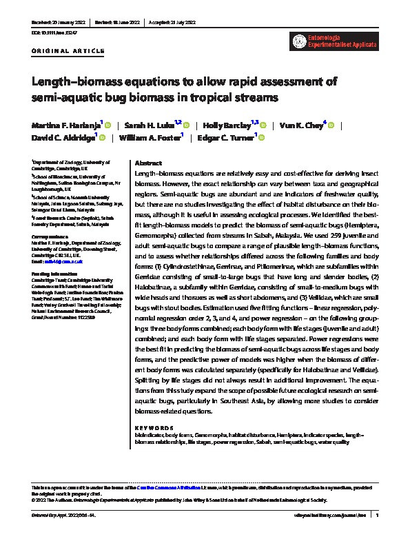 Length–biomass equations to allow rapid assessment of semi‐aquatic bug biomass in tropical streams Thumbnail