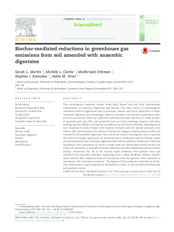 Biochar-mediated reductions in greenhouse gas emissions from soil amended with anaerobic digestates Thumbnail