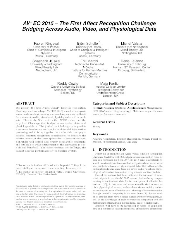 AV+ EC 2015--the first affect recognition challenge bridging across audio, video, and physiological data Thumbnail