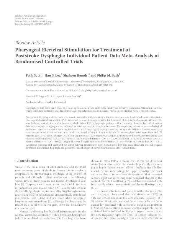 Pharyngeal electrical stimulation for treatment of poststroke dysphagia: individual patient data meta-analysis of randomised controlled trials Thumbnail