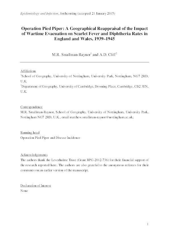 Operation Pied Piper: a geographical reappraisal of the impact of wartime evacuation on scarlet fever and diphtheria rates in England and Wales, 1939–1945 Thumbnail