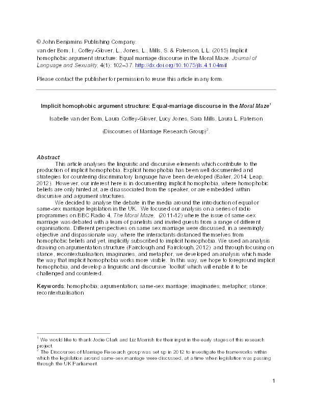 Implicit homophobic argument structure: equal marriage discourse in the Moral maze Thumbnail