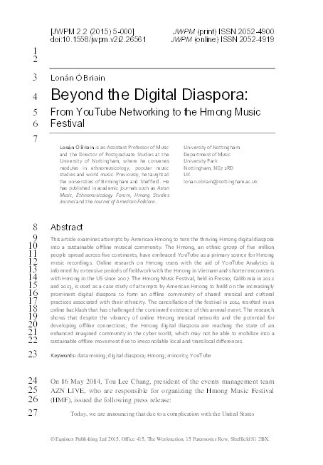 Beyond the Digital Diaspora: YouTube Methodologies, Online Networking and the Hmong Music Festival Thumbnail