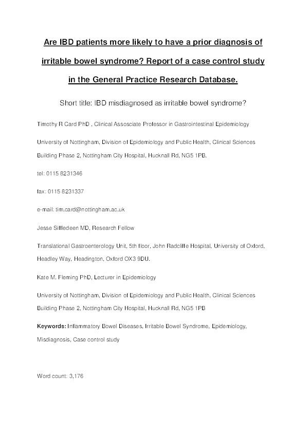 Are IBD patients more likely to have a prior diagnosis of irritable bowel syndrome?: report of a case-control study in the General Practice Research Database Thumbnail