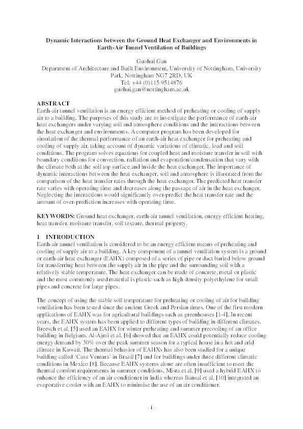 Dynamic interactions between the ground heat exchanger and environments in earth–air tunnel ventilation of buildings Thumbnail