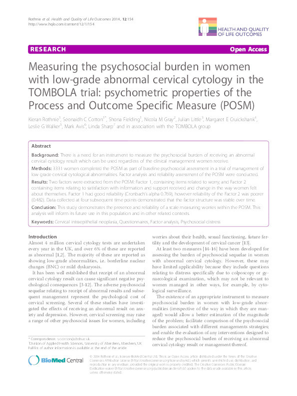 Measuring the psychosocial burden in women with low-grade abnormal cervical cytology in the TOMBOLA trial: psychometric properties of the Process and Outcome Specific Measure (POSM) Thumbnail
