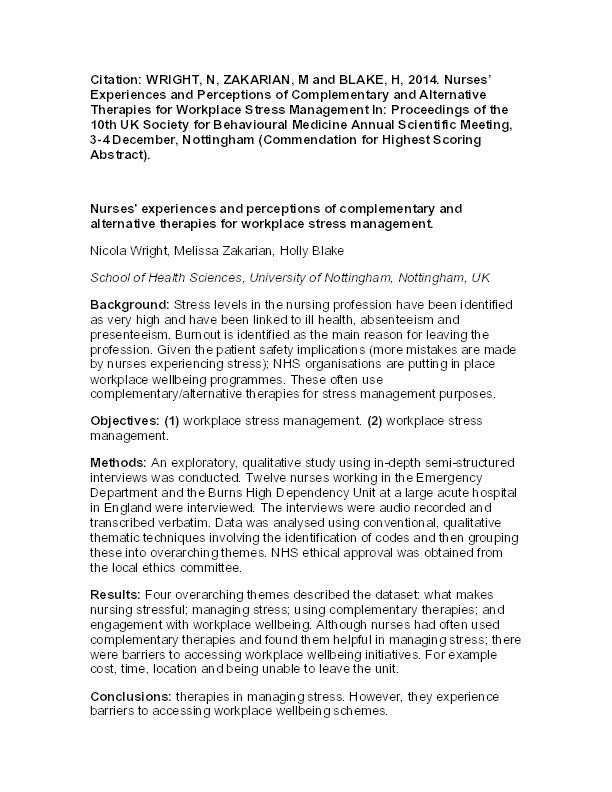 Nurses' experiences and perceptions of complementary and alternative therapies for workplace stress management Thumbnail