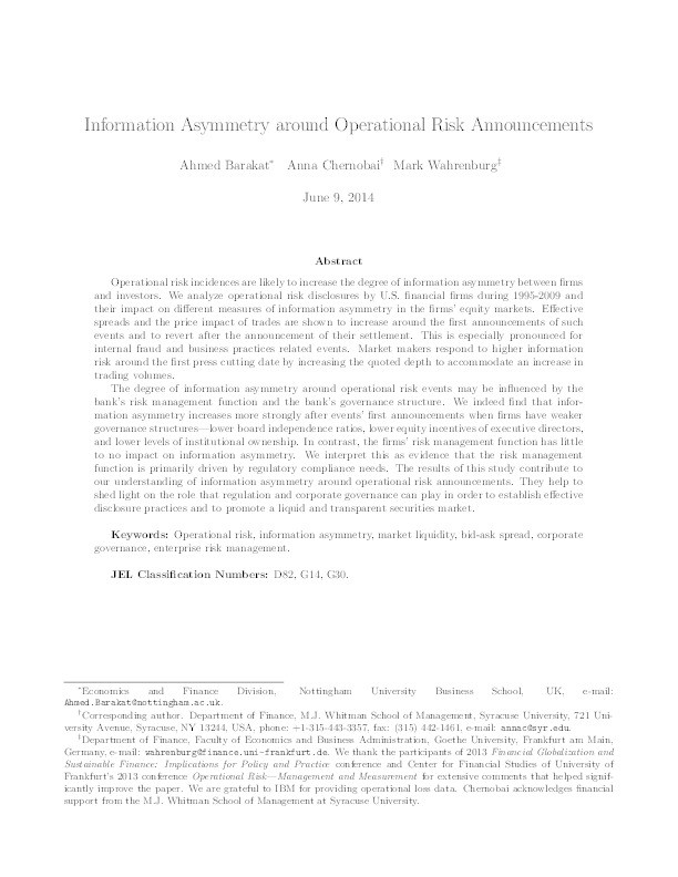 Information asymmetry around operational risk announcements Thumbnail